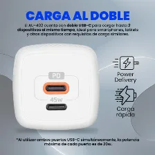 Cargador Vorago Au-402-wh 110v ~ 240v, Teléfono Móvil, Interior, 2usb-c, Carga Rápida, 45 W, Blanco