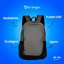 Mochila Vorago Ecologica Bp-150-gr, 15.6 Pulgadas, Para Laptop, Negro Gris